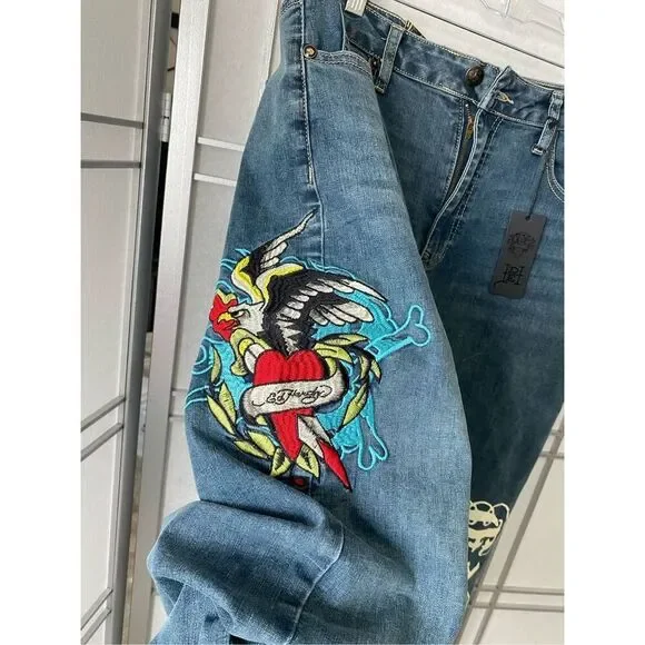 ED HARDY HIGH RISE WIDE LEG EAGLE EMBROIDERED JEANS SZ 34